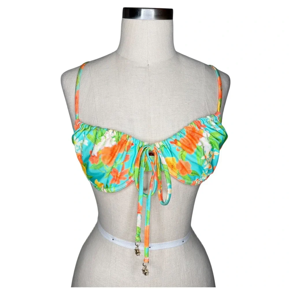 KULANI KINIS Bikini Top Teal Floral Ruched Sun Charm‎ Women's Size Large